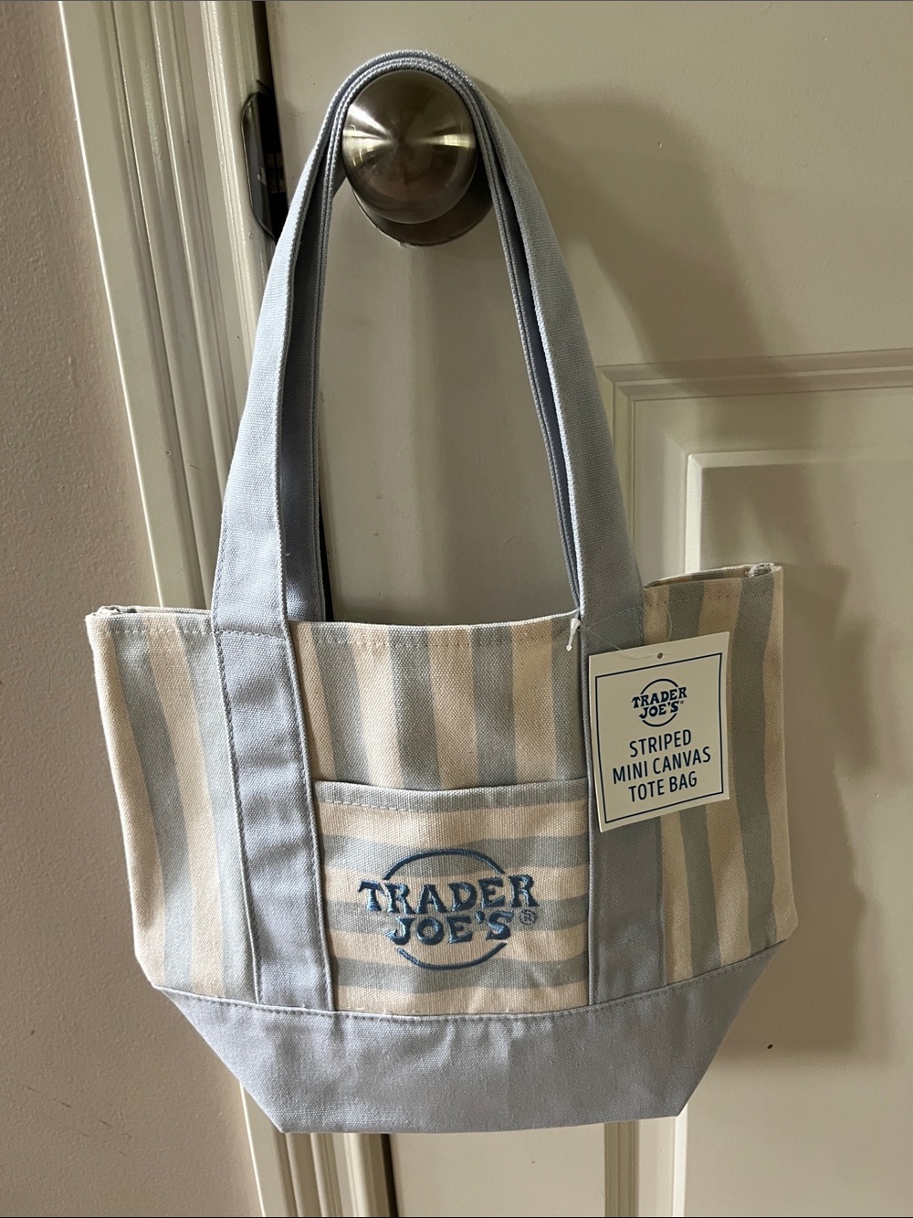 Trader Joe’s Light Blue and Cream Striped Mini Canvas Tote Bag